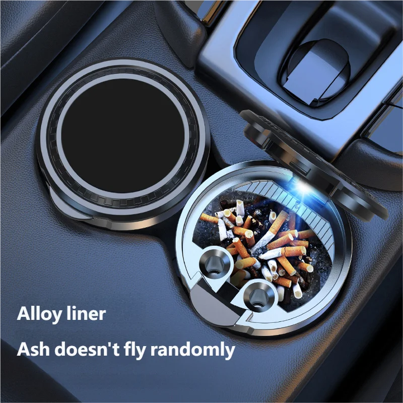 Portable Can LED Ashtray Smokeless Auto Cigarette Ash Holder with Lid Detachable Metal Lining One-Click Push Open Splash-Proof view 2