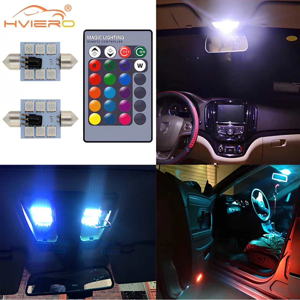 2Pcs RGB 6SMD Roof Dome Festoon Reading Lamp C5w Car Auto Remote Controlled Atmosphere Led Welcome Lights Turn Signal Trunk Bulb