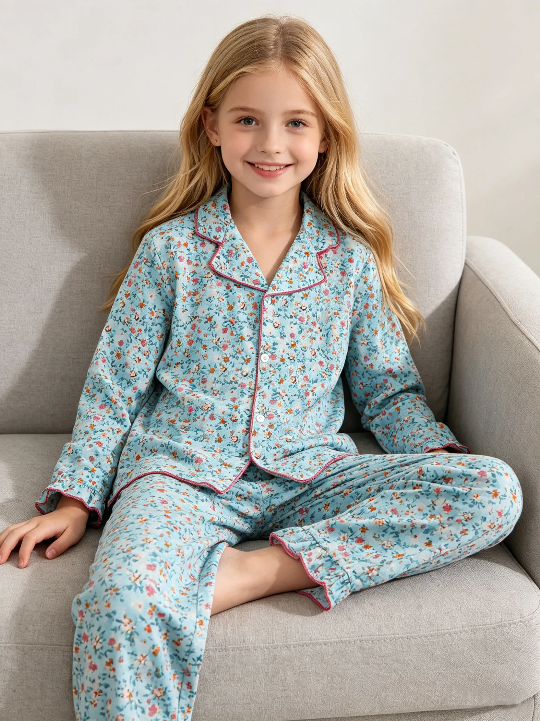 Girls' fashionable home clothes for spring and autumn, girls' outdoor leisure floral pattern top, long sleeved pants