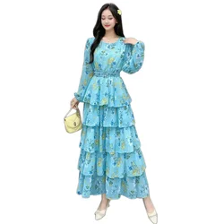 New Spring Autumn Women O-Neck Long Sleeve Belt Slim Long Dress High Quality Sweet Multi-layer Cake Hem Floral Chiffon Dress