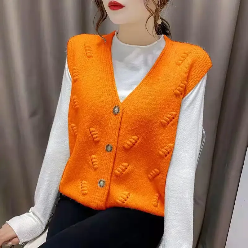 

Elegant V-Neck Button Loose Solid Color Vest Sweaters Women's Clothing Autumn Winter Oversized Knitted Office Lady Tops N839