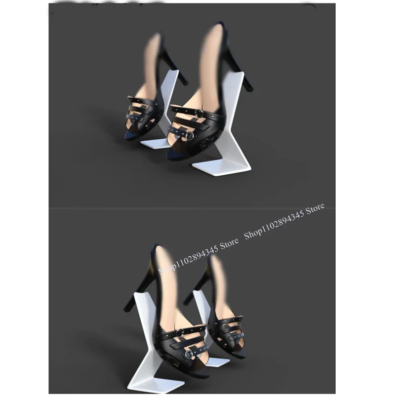 

Black Rivet Decor Slip On Sandals Shallow Hollow Thin High Heel Peep Toe Fashionable Sexy Big Size Woman Shoes Zapatillas Mujer