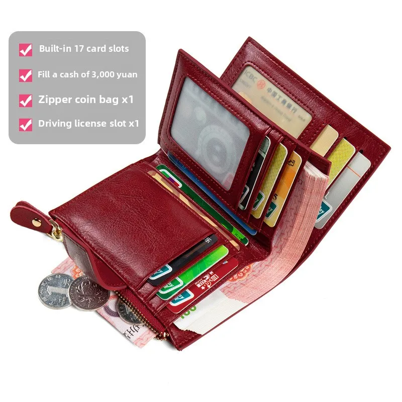 ​Vintage Genuine Leather Women's Wallet with RFID-Blocking Spacious Zip Coin Compartment & Multi-Function Design​