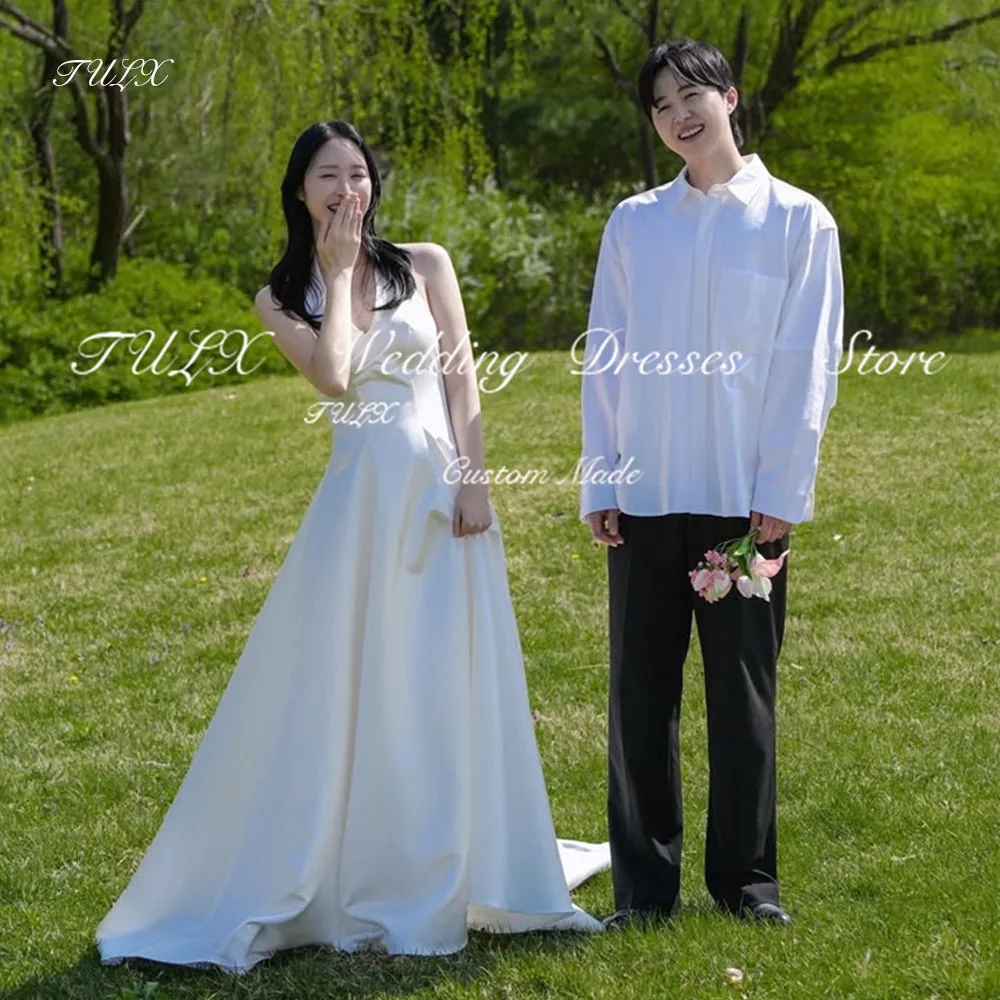 TULX Elegante ivoorkleurige satijnen trouwjurk Korea Fotoshoot V-hals Mouwloos korset Bruidsjurken Vloerlengte ienia Singapur Özelleştirilmiş