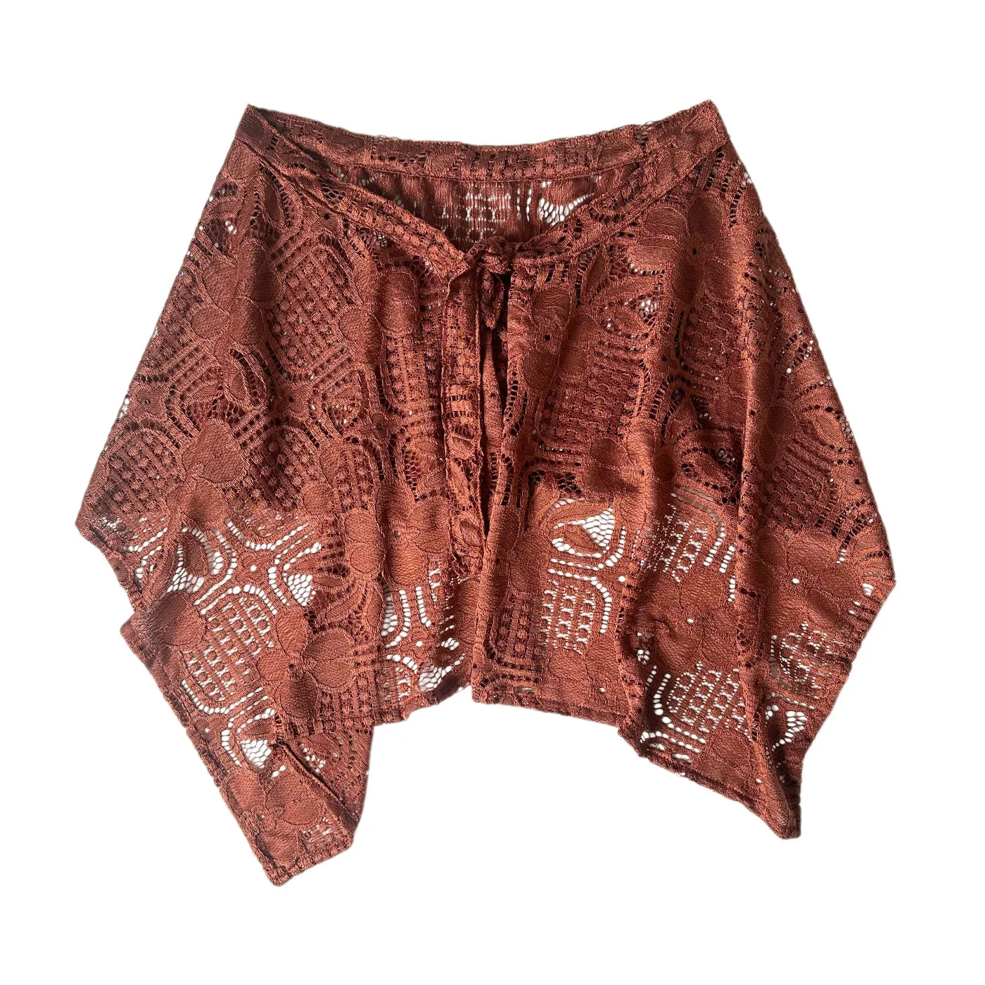 ​ Caramel Brown Lace Wrap Skirt Retro Asymmetric High Low Hem Women Early Fall Hip Covering Slim Fit