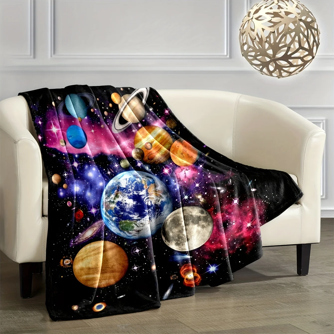 Contemporary Space-Themed Flannel Fleece Blanket - Geometric Planets Patterned Throw for Sofa,Nap, Air Conditioning, Car,Camping