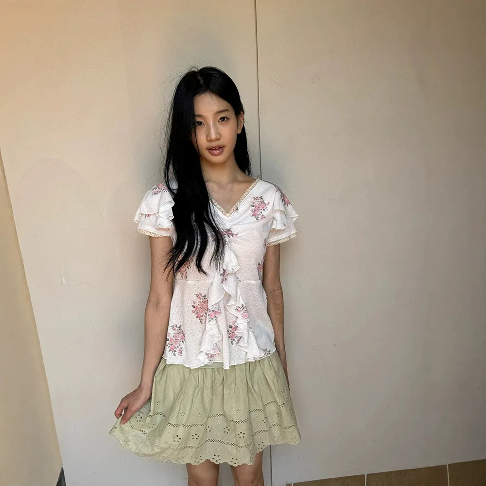 Floral Print V-Neck Short Sleeve T-Shirt Women's Summer Slimming Top Korean Style Gathered Waist Thick Polyester Fabric