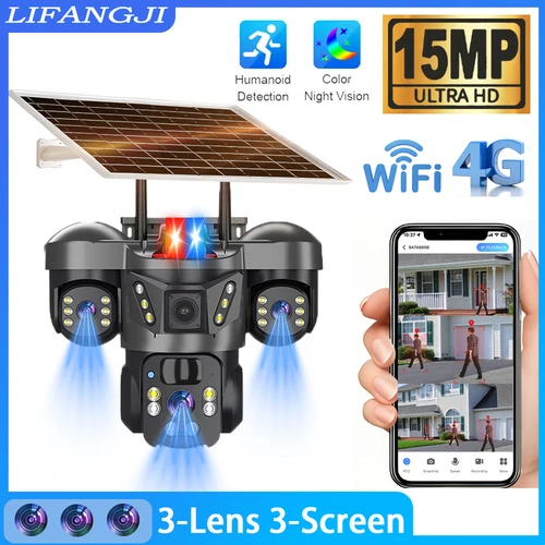 V380 Cámara Solar WiFi de 3 lentes 4G Sim PIR para exteriores detección humana visión nocturna vigilancia PTZ 15MP vídeo de seguridad IP de 3 pantallas