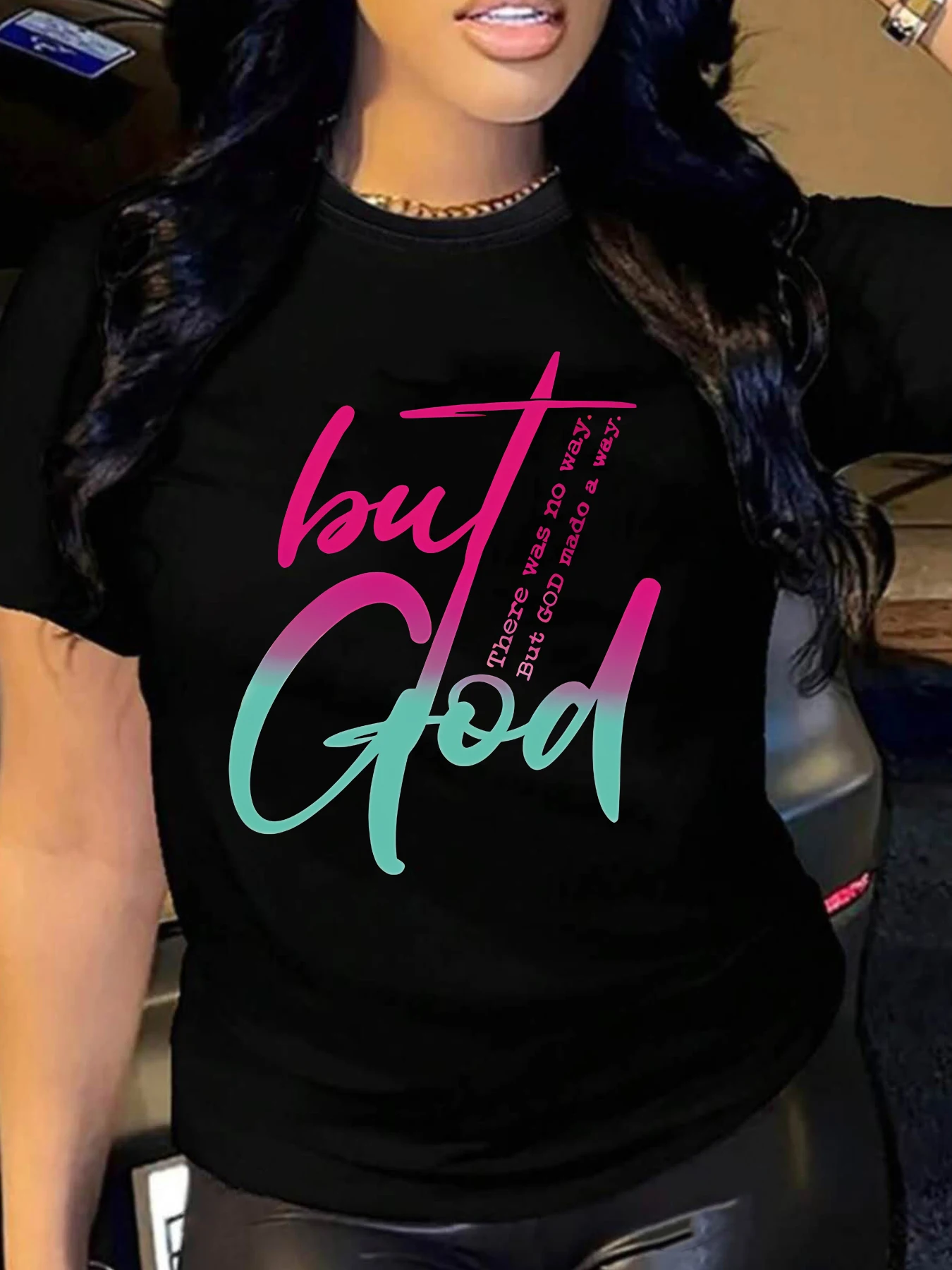 

Magenta cyan gradient art letter round neck plus size women T-shirt short sleeve trend printing elastic half sleeve T-shirt