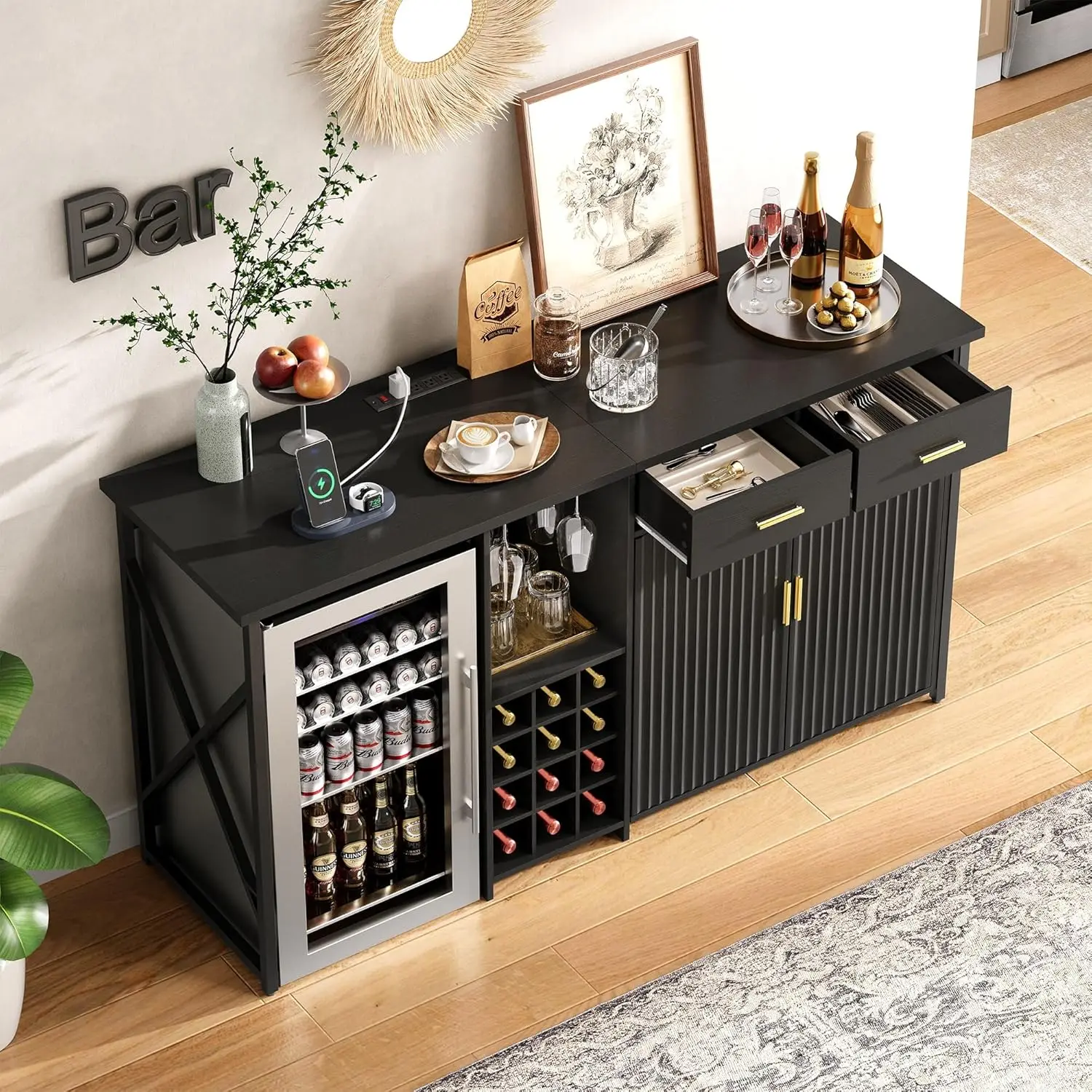 Lemari Kulkas Mini dengan Penyimpanan, Bar Kopi dengan Ruang Kulkas, Rak Anggur & Laci, Rak Hitam Multifungsi