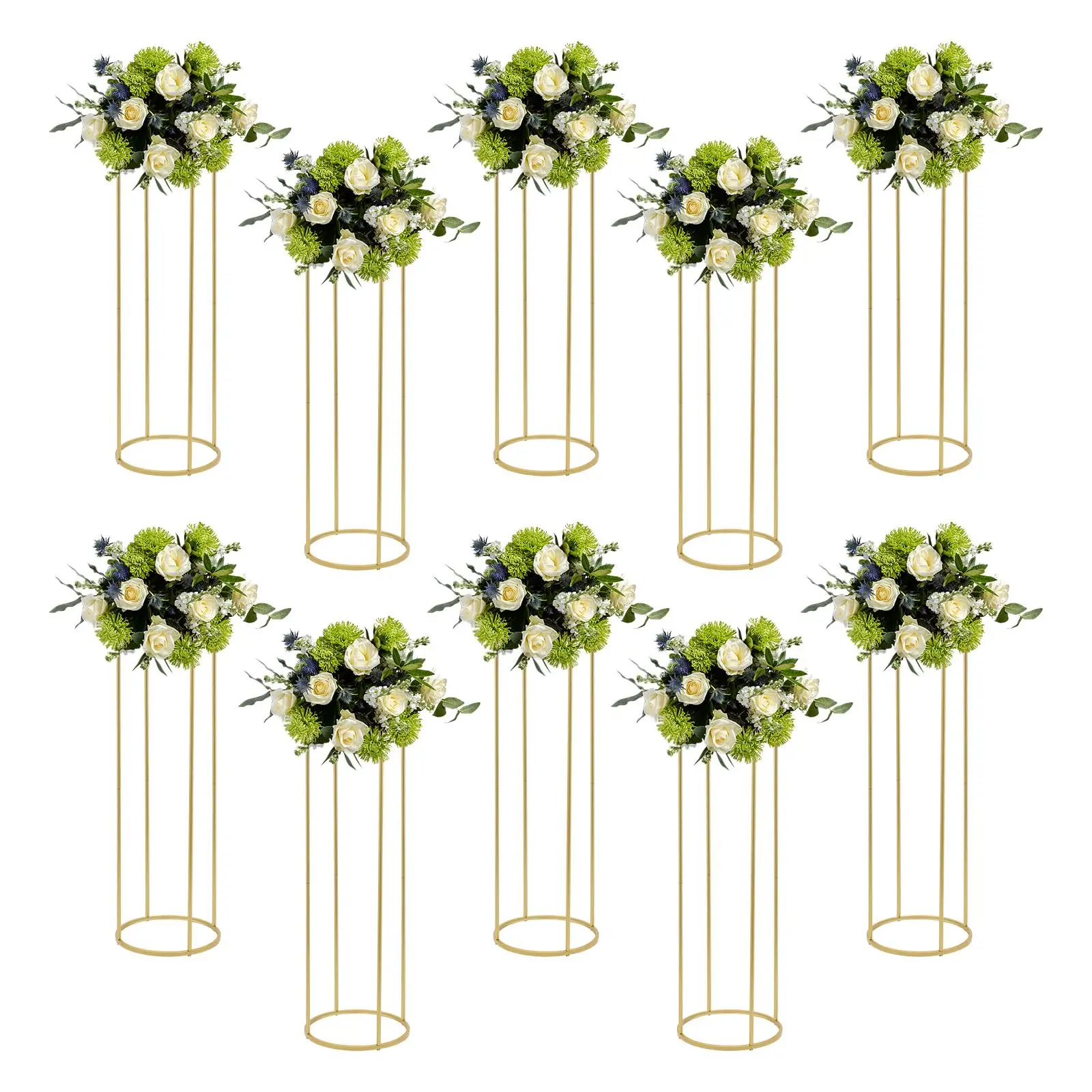 

10 Pcs Gold Metal Flower Column Vases, 39 Inch Tall Wedding Centerpieces for Tables, Detachable Cylindrical Floor Vase Display Rack