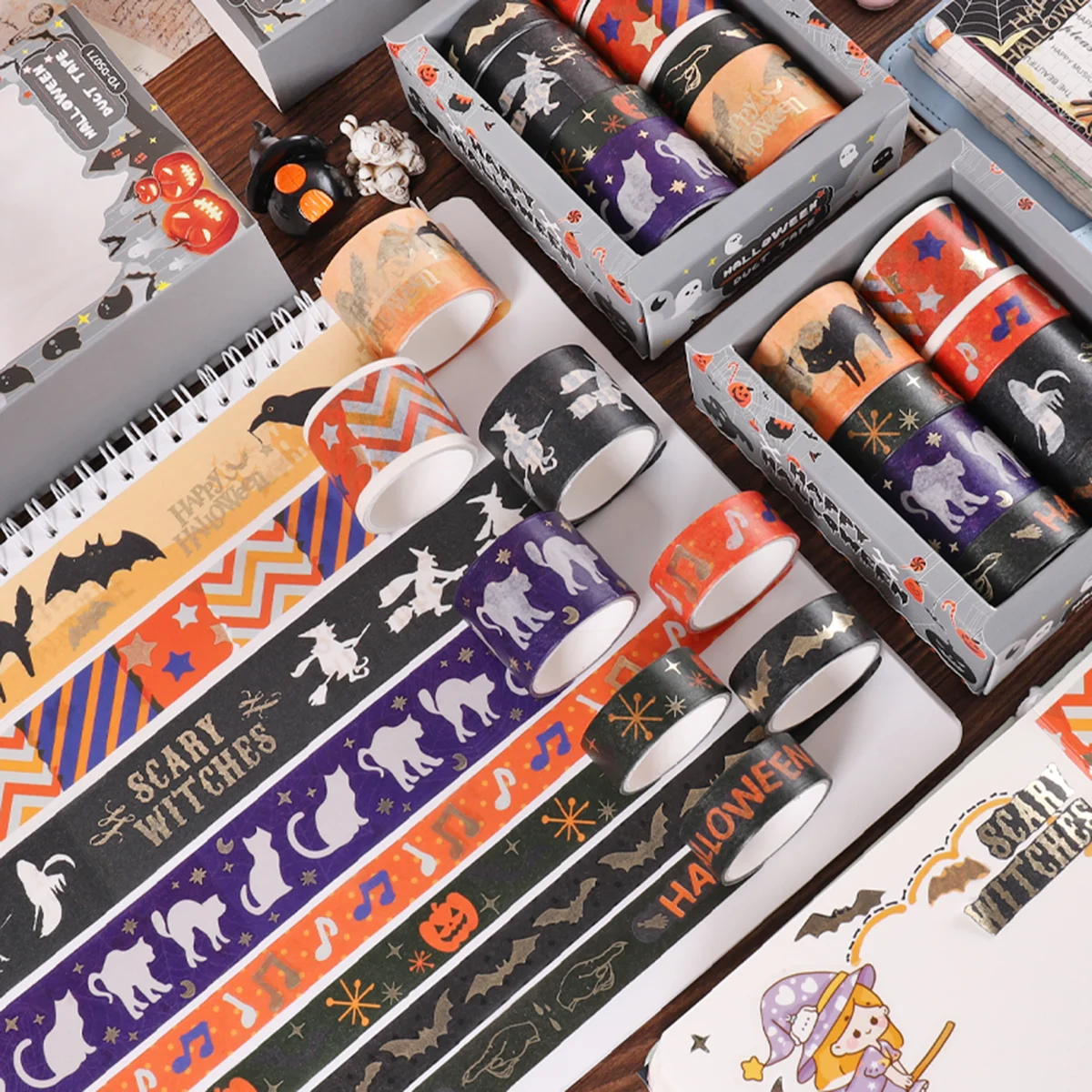 8 Rolls Halloween Washi Tape – Decorative Paper Tape for Scrapbook Planner, 2 Sizes 1.5cm/3cm, DIY Craft Gift for Adults