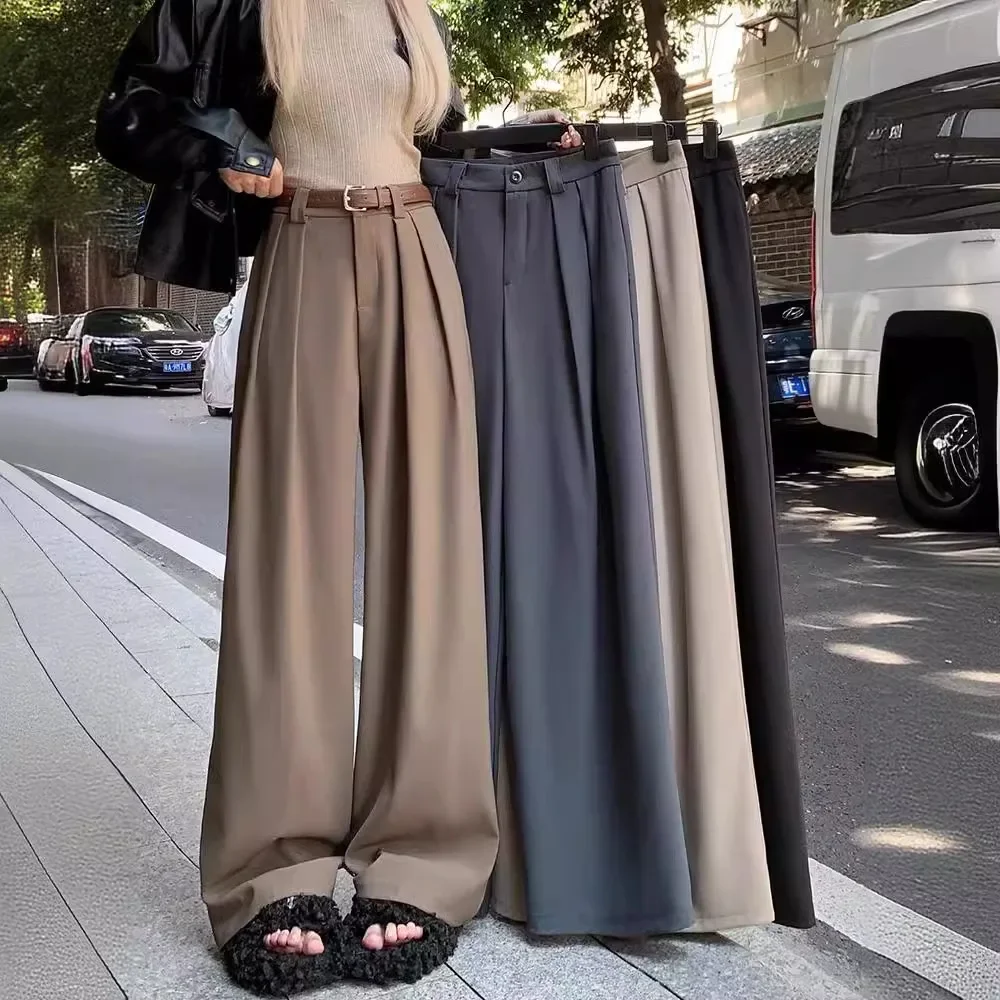New Spring Women's Loose Draped Casual Suit Pants Korean Baggy Pants High Waist Straight-leg Mop Long Trousers Y2k