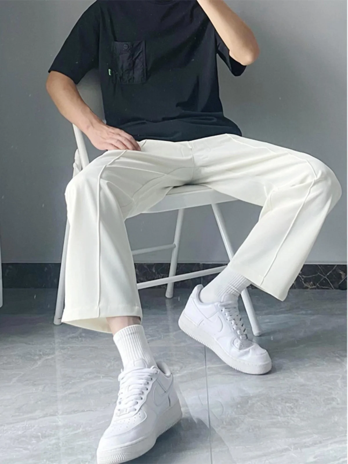 

Мужские летние тонкие брюки из ледяного шелка, прямого кроя, свободные повседневные брюки с высокой талией, длинные прямые брюки свободного кроя, костюмные брюки