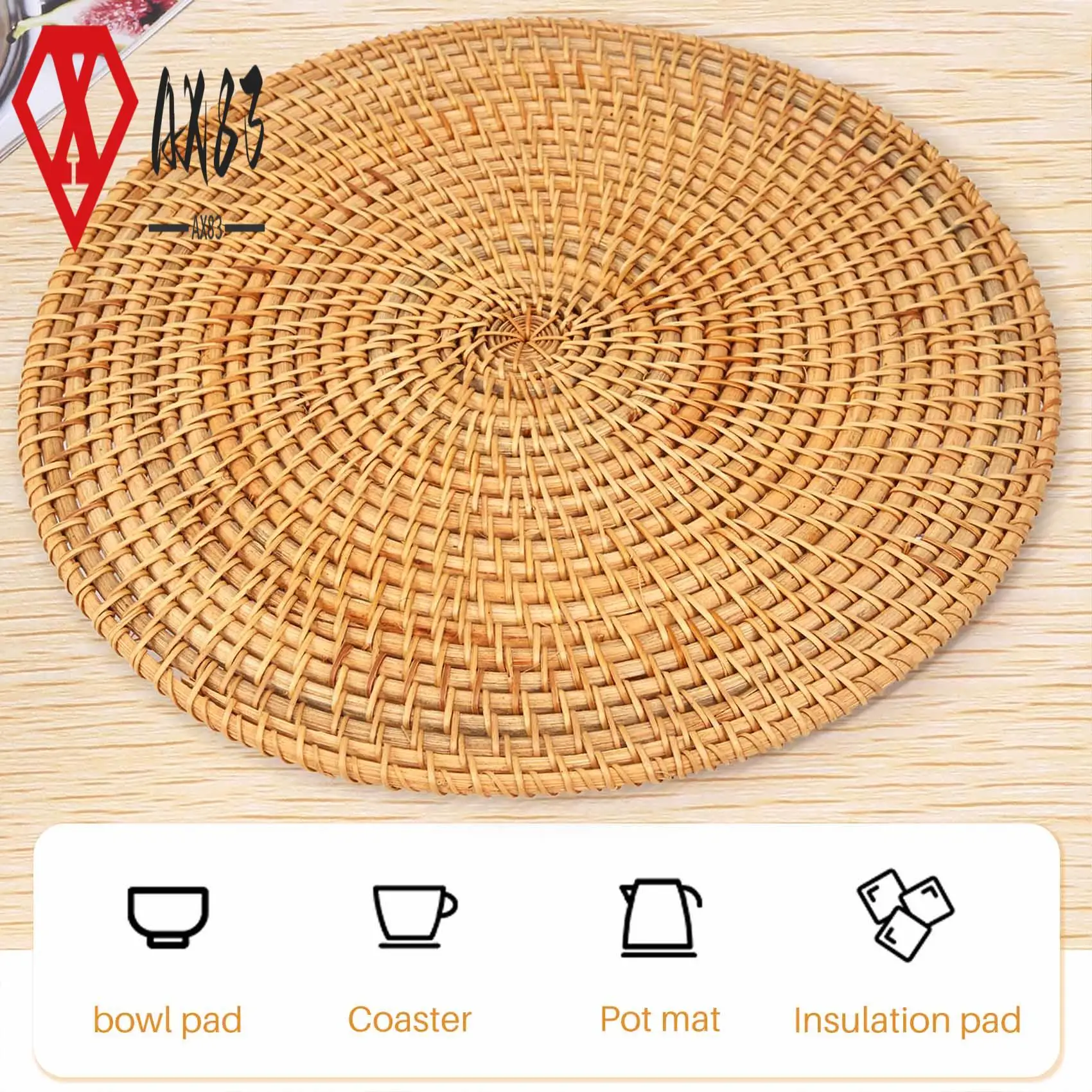 

AX83-Handwoven Rattan Placemats,Round Wicker Table Mats, Natural Woven Placemats For Dinner Table,Heat Resistant Mats