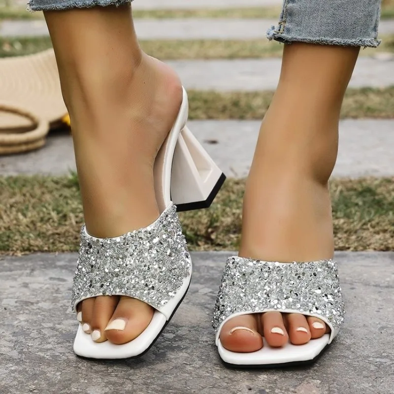 

2025 New Gradual Color High Heels Sequin Sandals Summer Fashion Slipper Fish Mouth Slim Heels Large Size Women's Shoes Plus Size