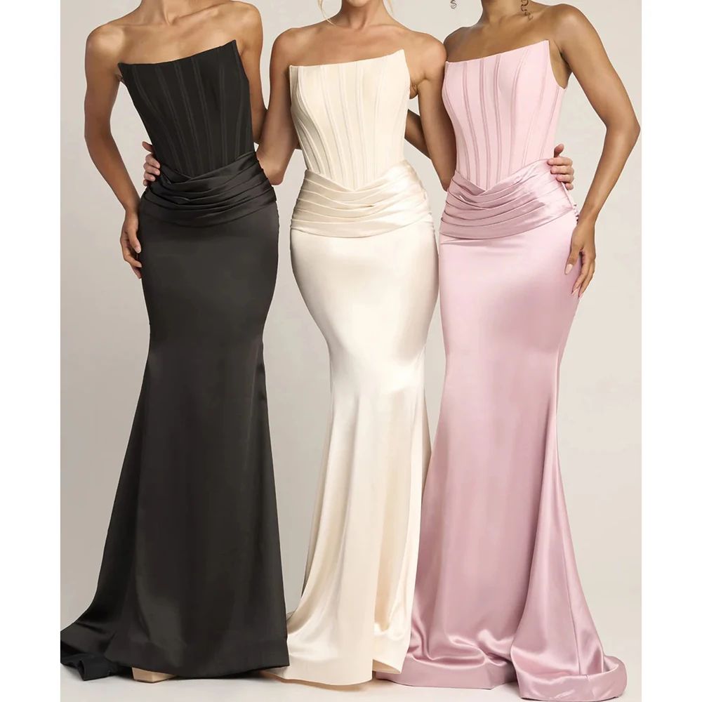 

Customized Mermaid Evening Dresses Floor-length Strapless Sleeveless Prom Gown Fashion Pleat Simple Draped Backless Party Gown