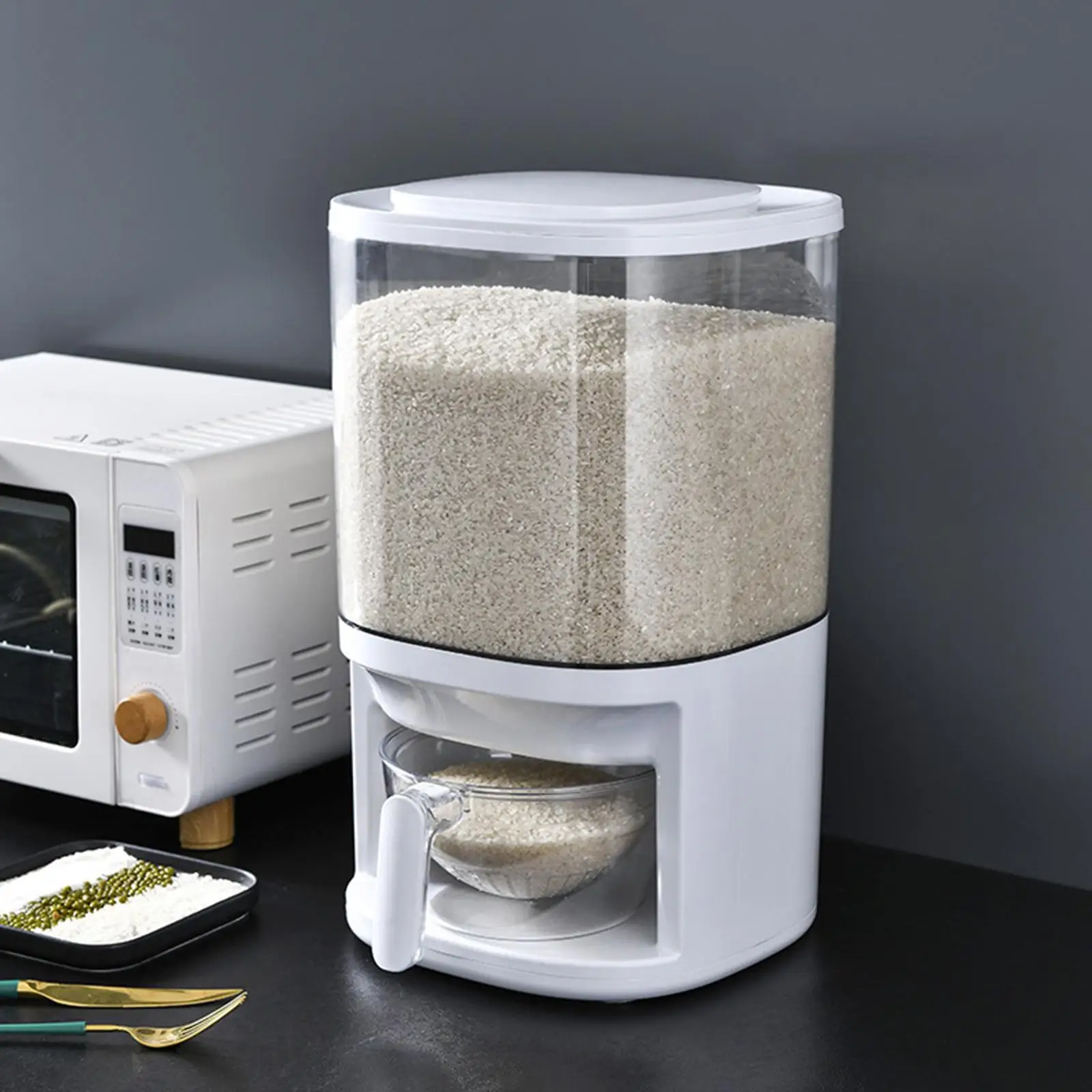 Rice Dispenser Dry Food Cereal Containers W/ Measuring Cup with Lid Kitchen Countertop Cereal Dispenser Storage Bin