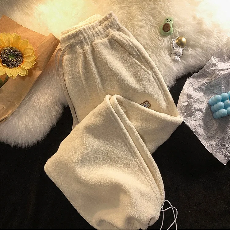 FL Lamb Velvet Women's Loose Fit High Waist Wide Leg Pants Autumn Winter Thiened Warm Casual Sports Trousers Women Korean Sle