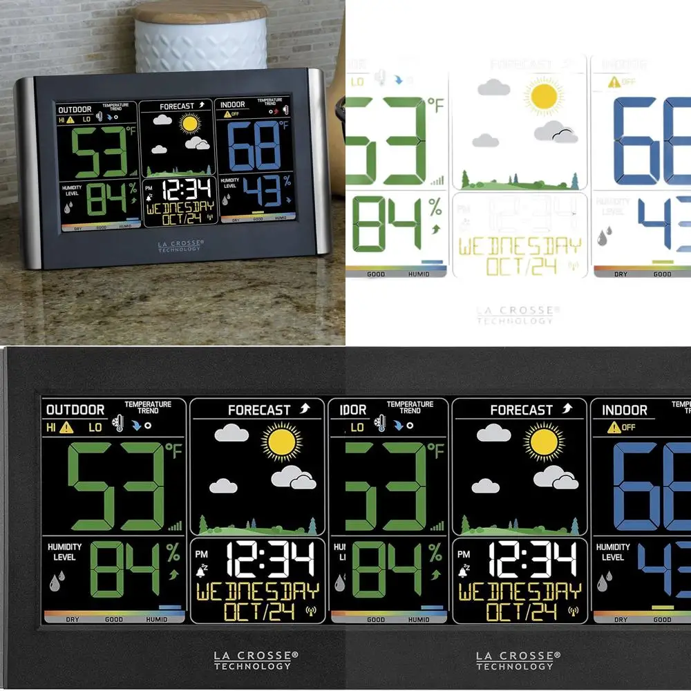 

Беспроводная метеостанция: пользовательские оповещения, прогноз, температура, точка росы, влажность, время, индекс тепла, большой дисплей, регулируемая яркая