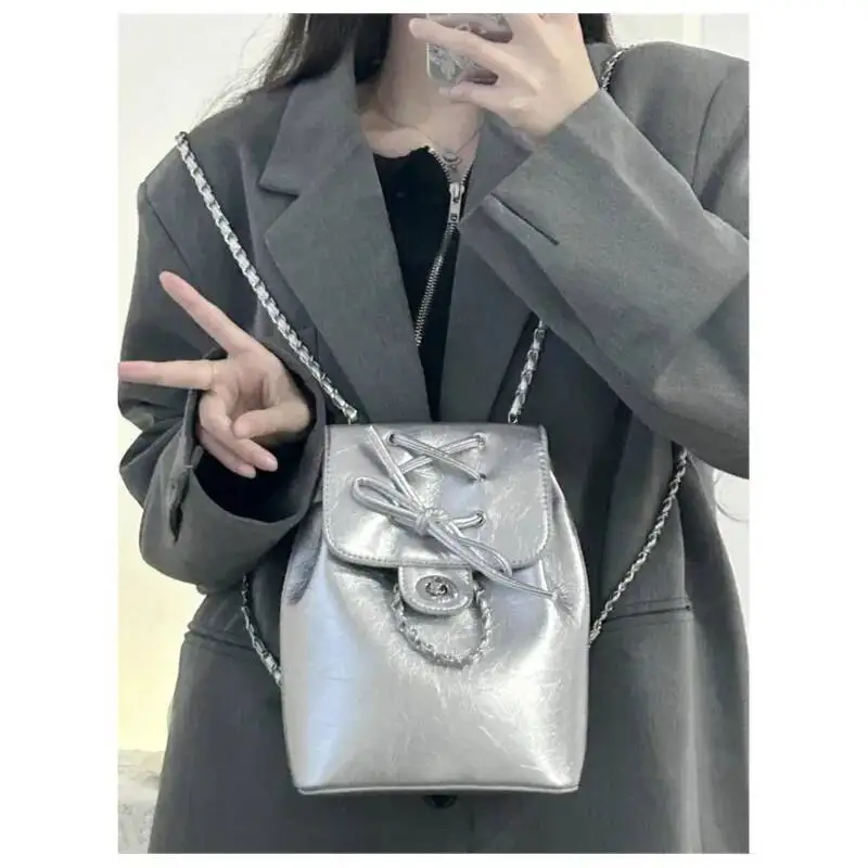 Bloom Haruku Blue Mochila Women 2025 Vintage Leather Chain Bow Mini Backpacks Hot Girls Retro Fashionable Backpack Aesthetic