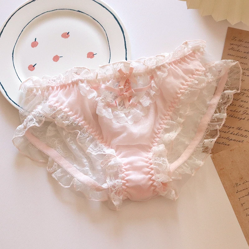 Kawaii Lingerie Lace Underwear Women Girls Blue Pink Panties Briefs Japanese Sexy Cute Thongs Lolita Panty Ruffles Mid-rise New