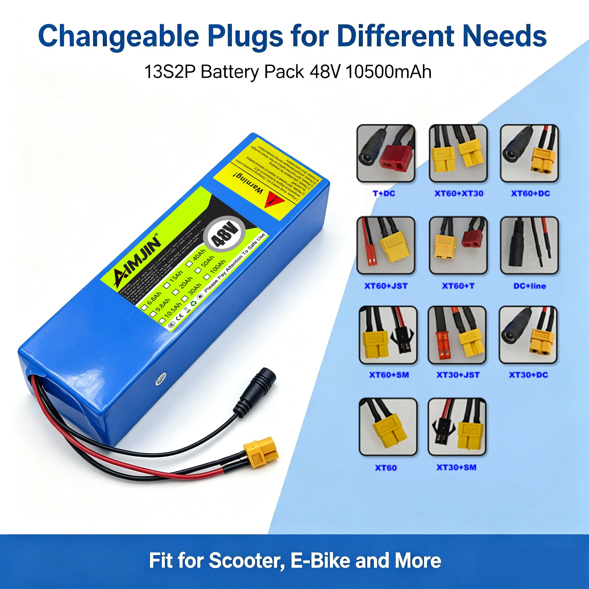48V 13s2p 10500mAh 18650 High Power Rechargeable Lithium Ion Battery Pack with BMS
