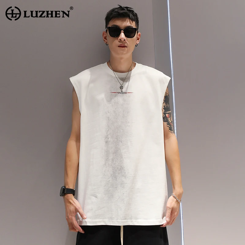 

LUZHEN Washed Wornout Tie Dyed Tank Tops Men's Summer New Pure Cotton Street Fashion Round Neck Loose Sleeveless T-shirts LZ4185