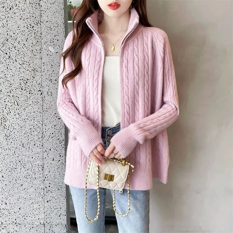 2026 Winter New Thick Turtleneck Cashmere Knitted Cardigan Women Casual Knit Loose Wool Sweater Female Tops