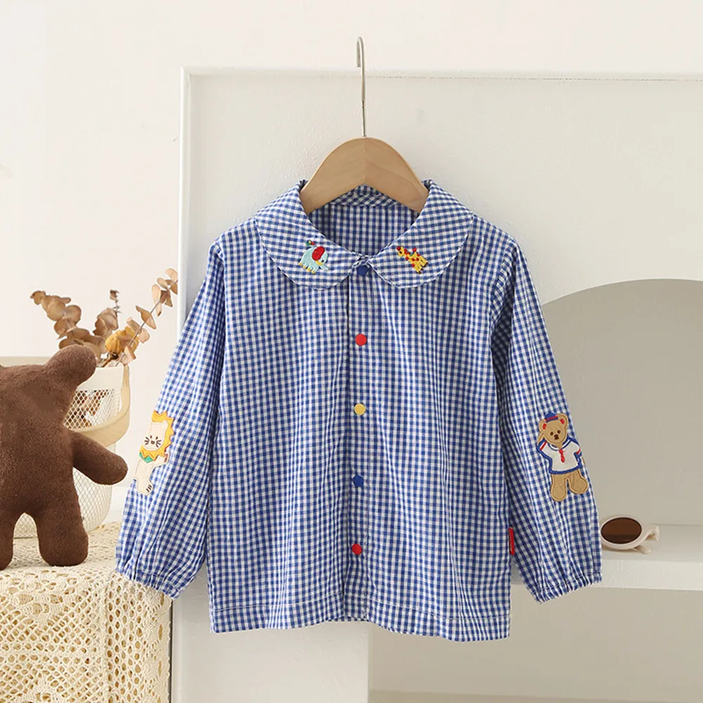 

kids girls clothes baby boys tops cartoon embroidery blue checkered pattern Long sleeve shirt Spring shirt