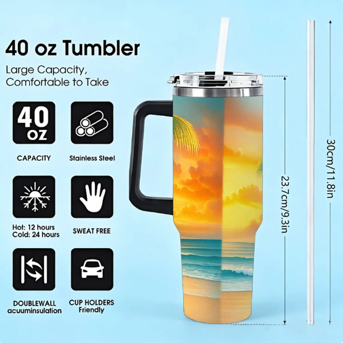 1pc 40Oz Stainless Steel Tumbler with Straw - Tropical Beach Sunset Palm Trees & Flowers Design Double-Walled Vacuum Insulated Mug Leakproof & Portable Handle Easy Clean Large Iced Coffee Water Women'S Modern Sleek Fashion Stainless Steel Water