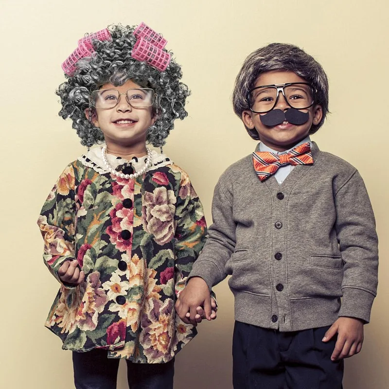 Costume da Vecchia Signora per Bambine, Costume per 100 Giorni di Scuola per Bambini, Parrucca da Vecchia Signora, Occhiali, Cappello, Collana, Braccialetto e Accessori