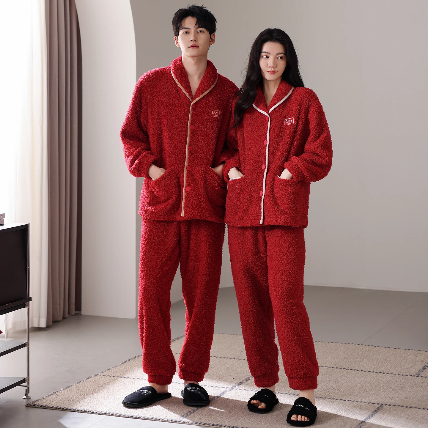 

High Quality Winter Couple Pajamas Set Flannel Pyjamas Lovers Thick Warm Home Clothing