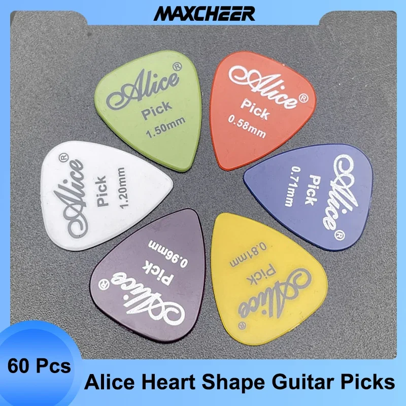 60Pcs Alice Guitar ABS Picks Smooth Plastic Plectrum Standard Heart Shape Colour and Random Thickness