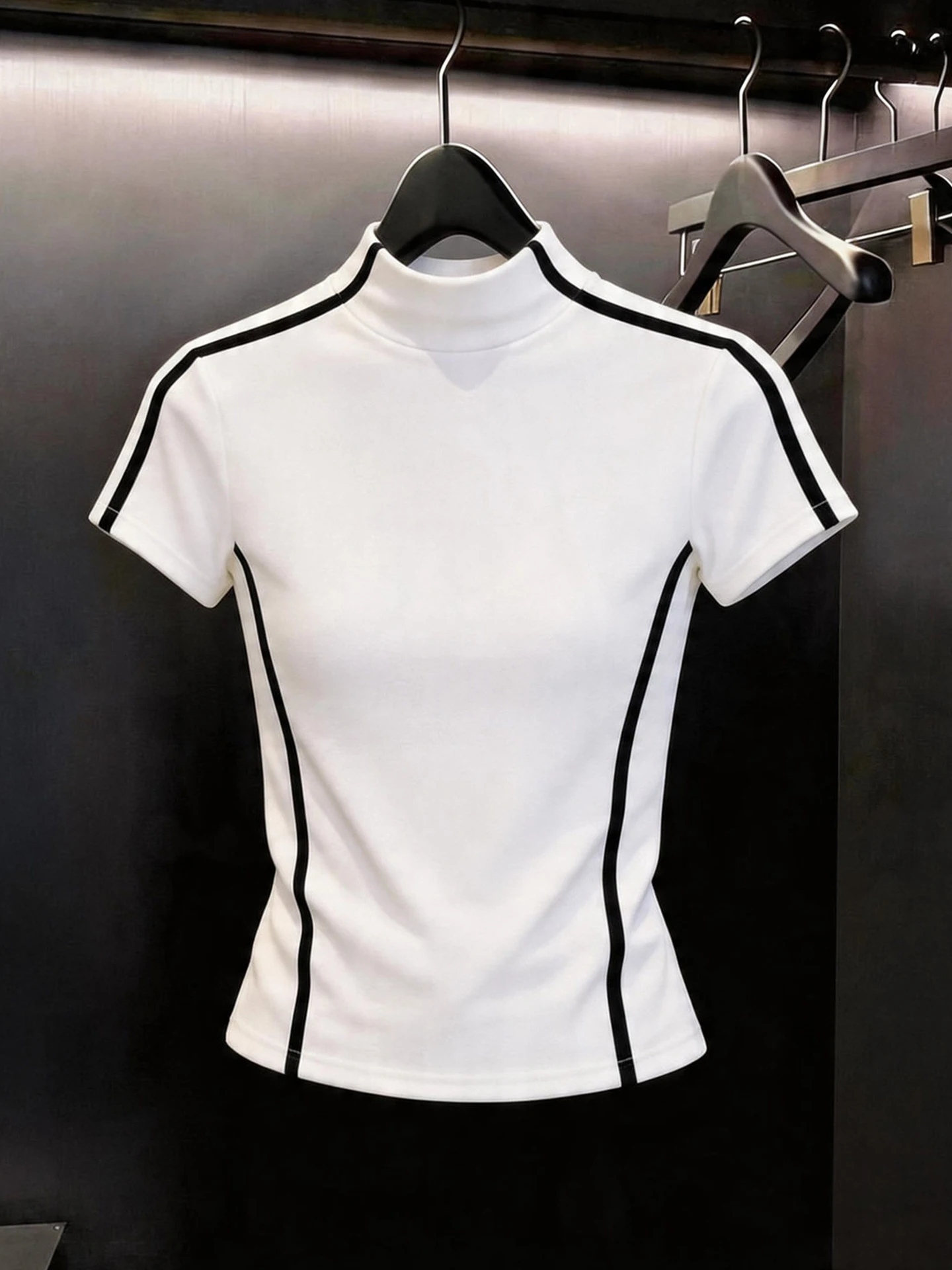 

Casual Sport Style Striped T-Shirt Half High Collar Short Sleeve Summer Skin-friendly Korean Version Shoulder Length Shirt
