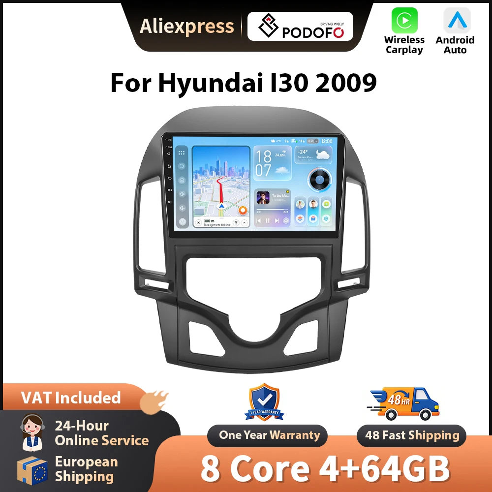 Podofo per Hyundai I30 2009 Wireless CarPlay per Apple Android Auto Autoradio GPS Navigazione FM WiFi BT Multimedia Stereo RDS EQ