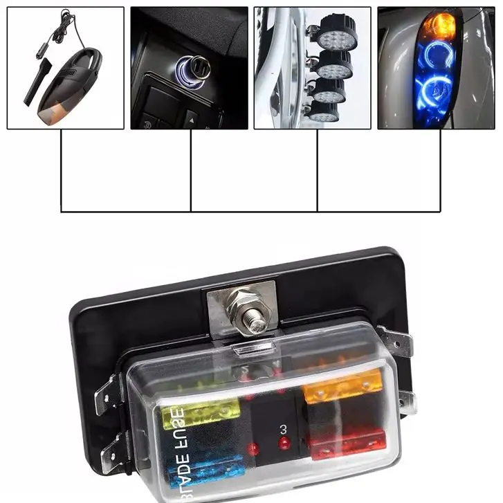 4-Way Blade Fuse Block with Protective Plastic Cover - 12V/32V Fuse Box with LED Indicator Suitable for Auto Car and Marine Use
