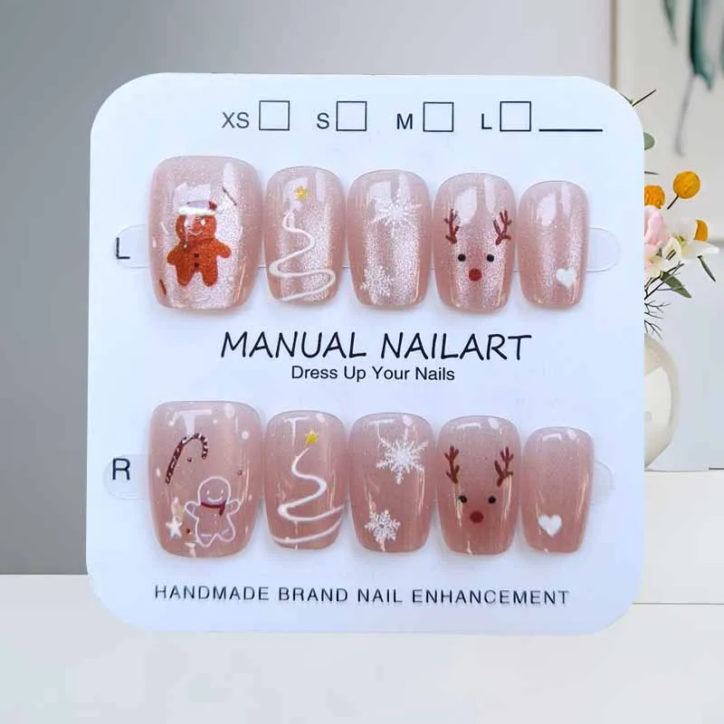 Patch de manucure court fait à la main, 10 pièces, bonhomme de neige, élan, arbre de noël, faux ongles pour enfants, dessin animé du père noël, Nail Art portable