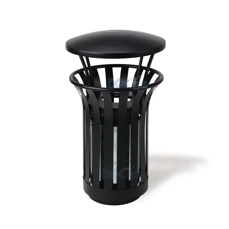 Modern Floral Design Eco-Friendly Powder Coated Black Iron Big Size Open Top Waste Bin Outdoor Recycling Decorative