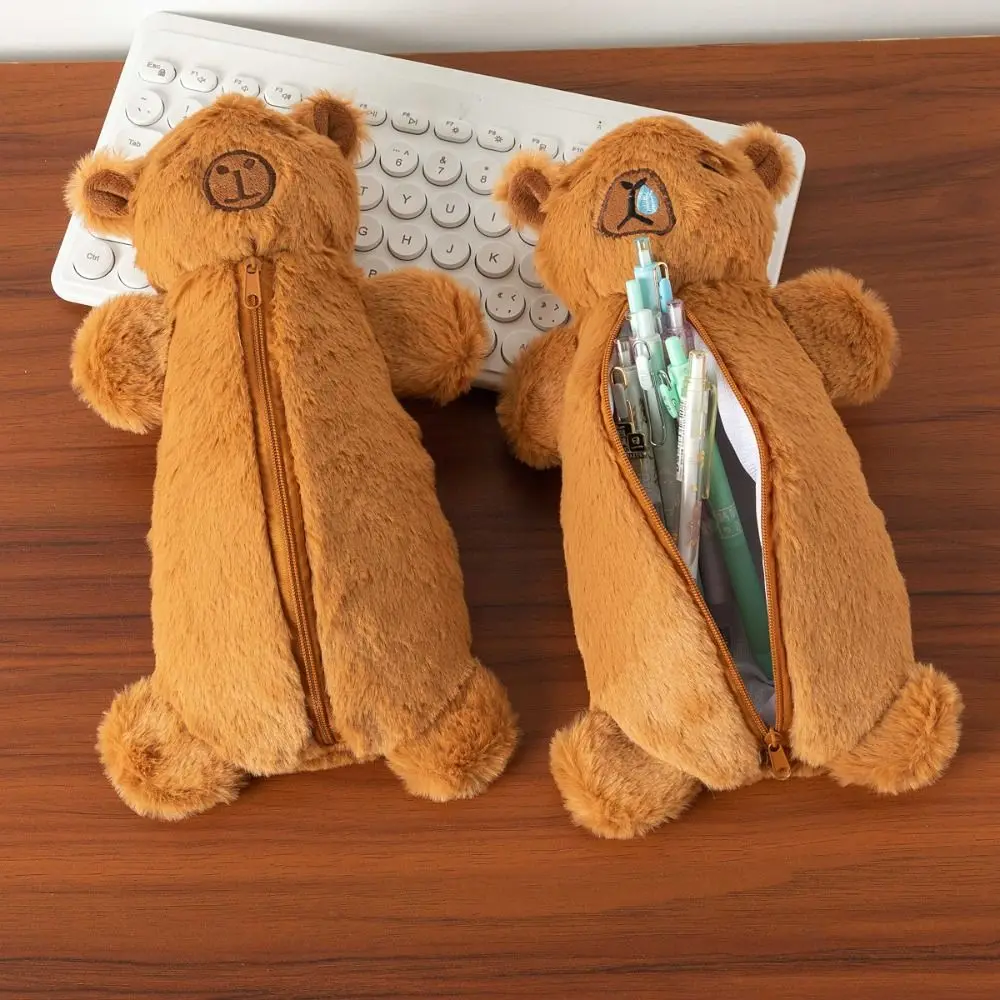 New Plush Capybara Pen Bag Cartoon Brown Stationery Bag Large Capacity Multifunctional Pen Box School Office Supplies