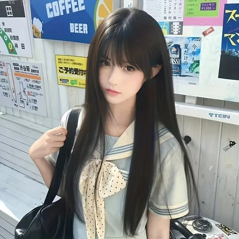 Black synthetic wig with long straight hair - Halloween party cosplay hair accessory - everyday wig - high temperature hair band
