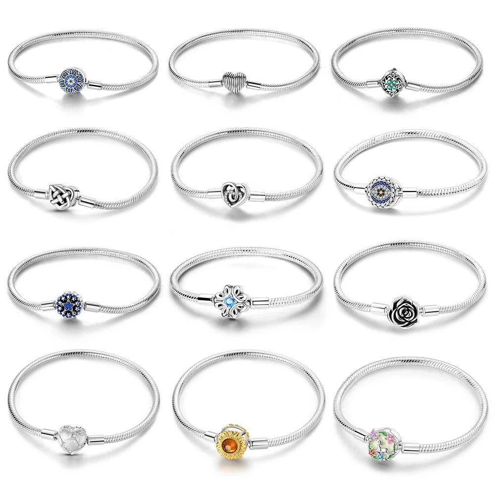 Silver Plated Original Bracelet 17-20CM Bangle Rose Love Zircon Bracelets Fit DIY Charms Valentine's Day Jewelry Gift For Women