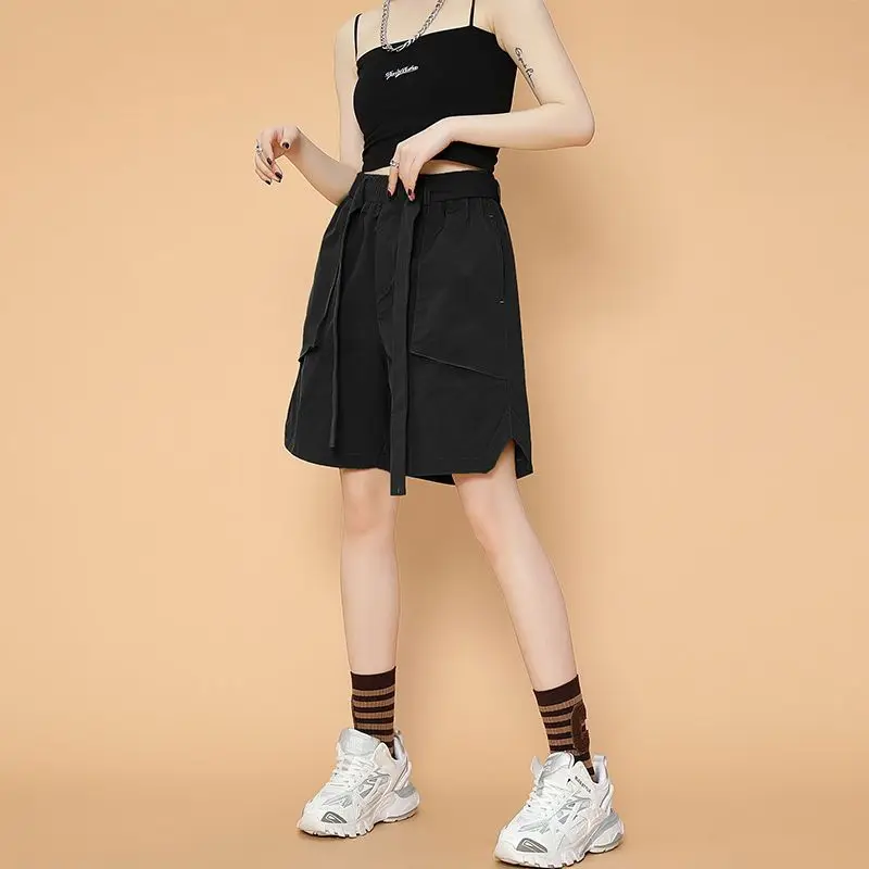 Summer Vintage Pocket High Waist Cargo Female Casual Lacing Solid Color Elastic Waist Five Quarter Pants Women Clothing Pants