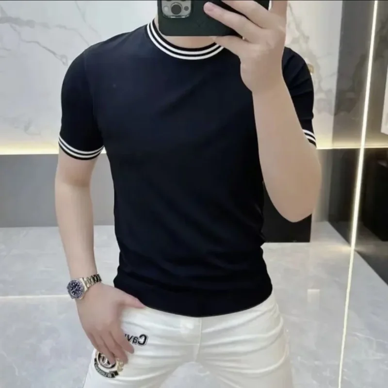 

Summer new high-end round neck short sleeved knitted T-shirt for men casual and fashionable personalized striped top