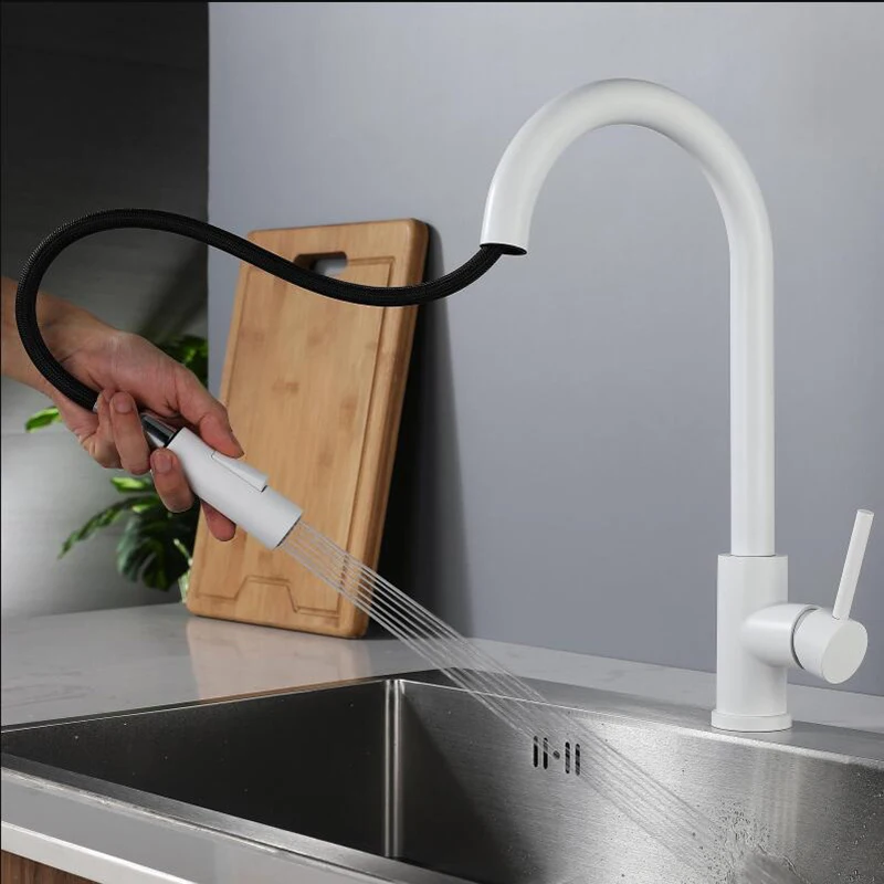 White Intelligent Touch Induction Hot And Cold Kitchen Pull Faucet Rotating Sink Faucet