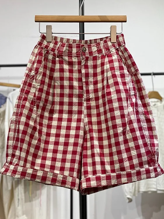 Pantalones ort de pierna ancha a cuadros rojos Retro para mujer, novedad de verano, pantalones holgados informales de cinco puntos, mezcla de algodón de cintura alta