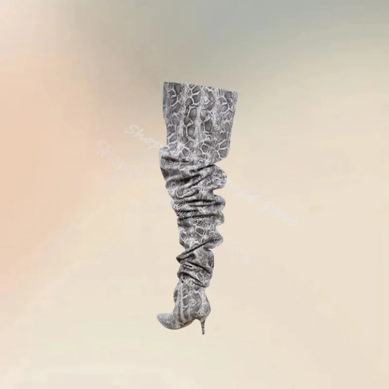 

Gray Pleated Design Snakeskin Print Pointed Toe Boots Slip On Women Shoes Thin High Heels Sexy Banquet 2026 Zapatos Para Mujere