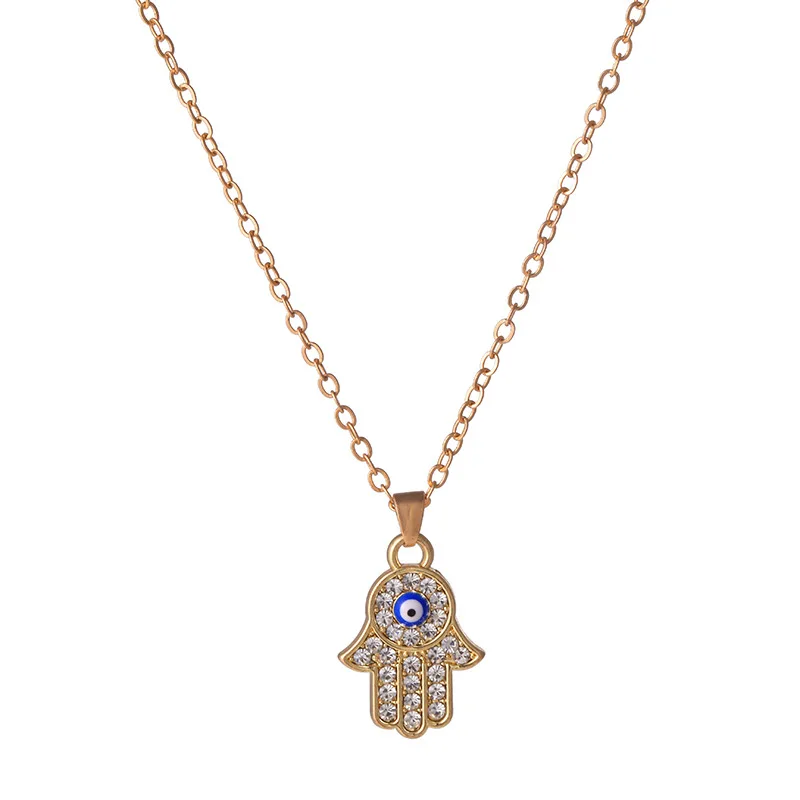 Turkish Crystal Evil Eye Hand Palm Hamsa Pendant Necklace for Women Gold Color Jewelry Link Chains Charm Choker Girl Gift