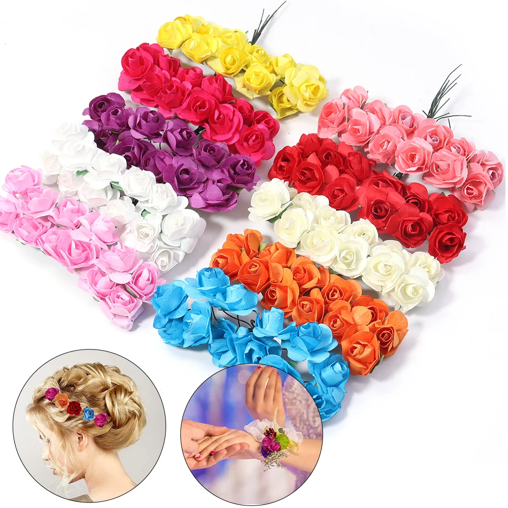 

144PCS 2cm Artificial Mini Paper Rose Bouquet For Scrapbooking For Wedding Party Decoration Cheap Artificial Rose Flowers