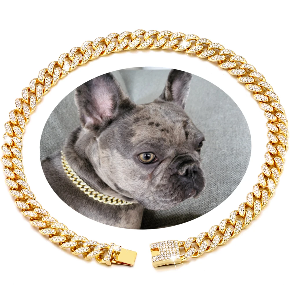 Dog Chain Collar Luxury Diamond Cuban Chain Metal Collar Dog Necklace For Small Medium Large Dogs Pet Cat Fashion Accessories